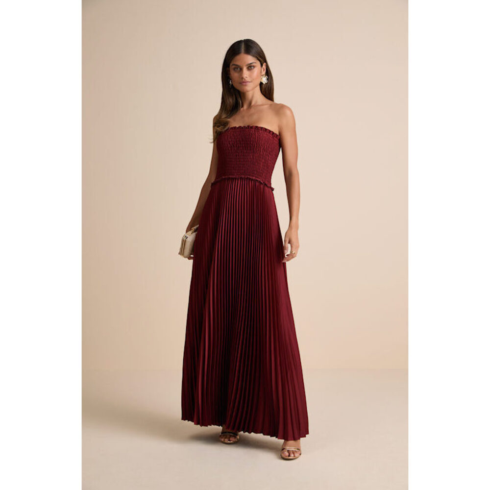 Lulus Damira Rust Satin Pleated Strapless Maxi Dress Red - Size XS
